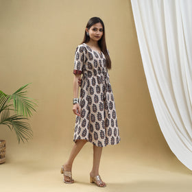 Buy Block Print Cotton Beige Flared Short Ajrakh Dress