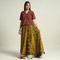 Yellow - Ajrakh Block Printed 24 Kali Patchwork Cotton Long Skirt 01