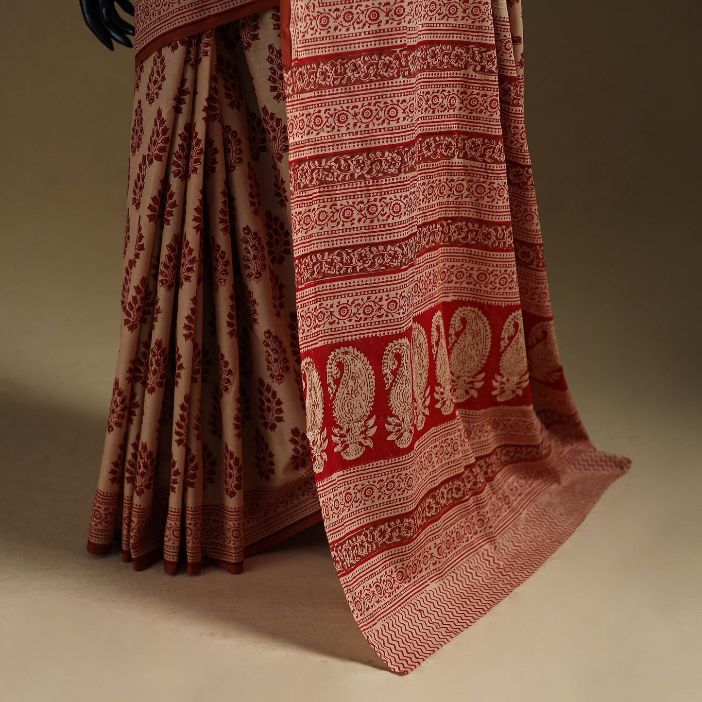 Beige - Gamthi Hand Block Print Pure Mul Cotton Saree with Blouse Piece 26