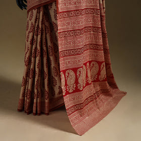 Beige - Gamthi Hand Block Print Pure Mul Cotton Saree with Blouse Piece 26