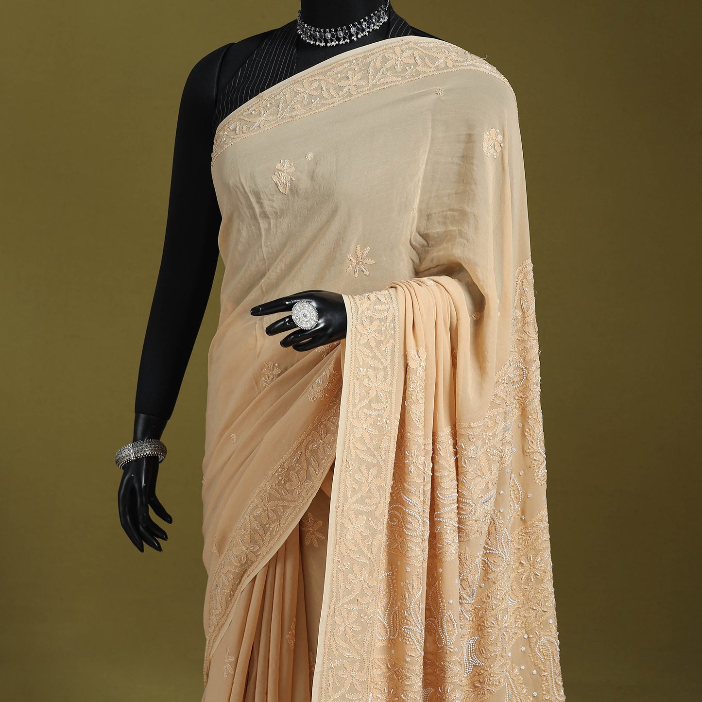 Beige - mukaish hand embroidered georgette heavy beadwork