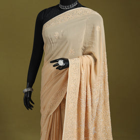 Beige - mukaish hand embroidered georgette heavy beadwork