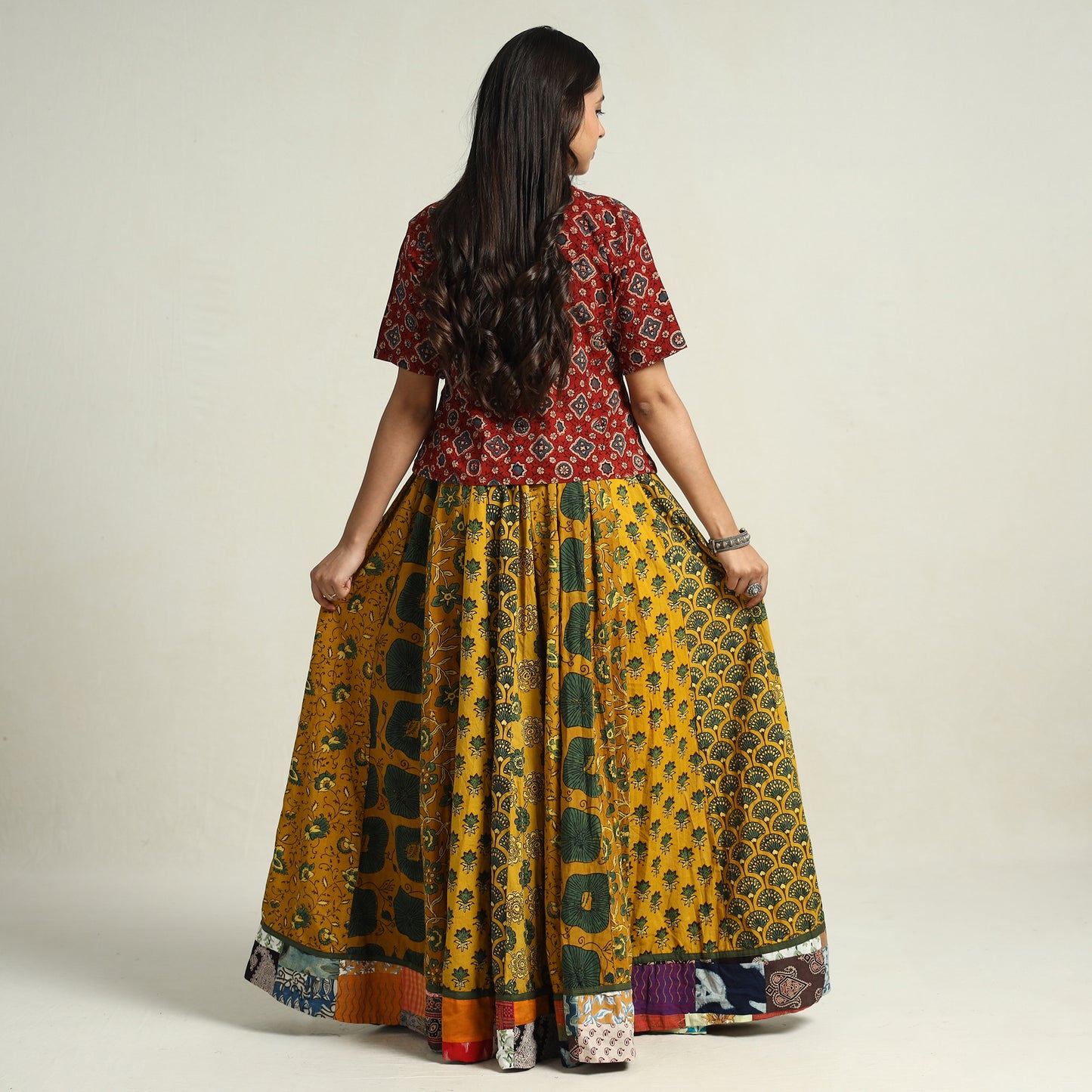 Yellow - Ajrakh Block Printed 24 Kali Patchwork Cotton Long Skirt 01