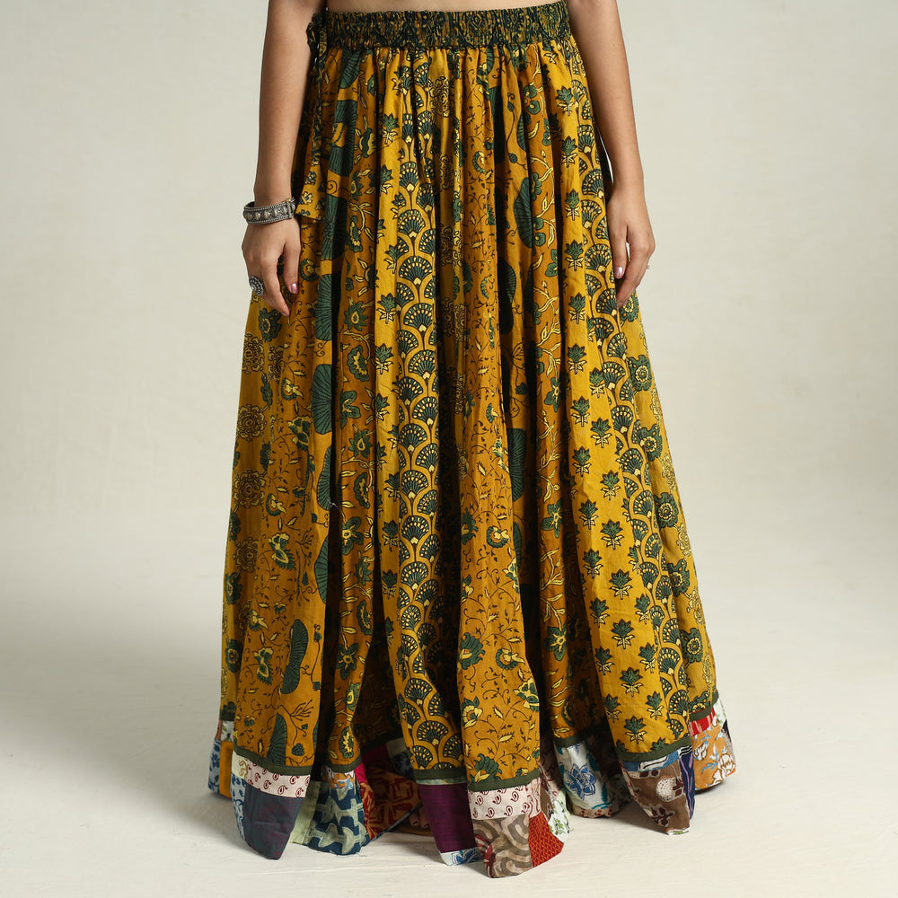 Yellow - Ajrakh Block Printed 24 Kali Patchwork Cotton Long Skirt 01