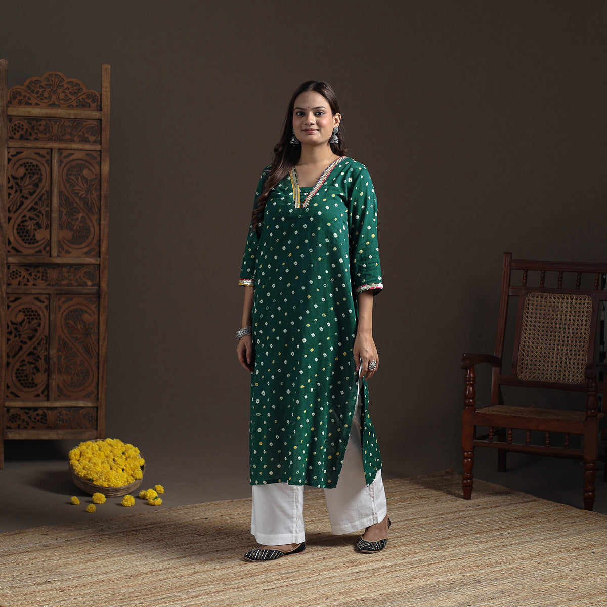 Gota Work Bandhani Tie-Dye Cotton Straight Long Kurta for Women 06