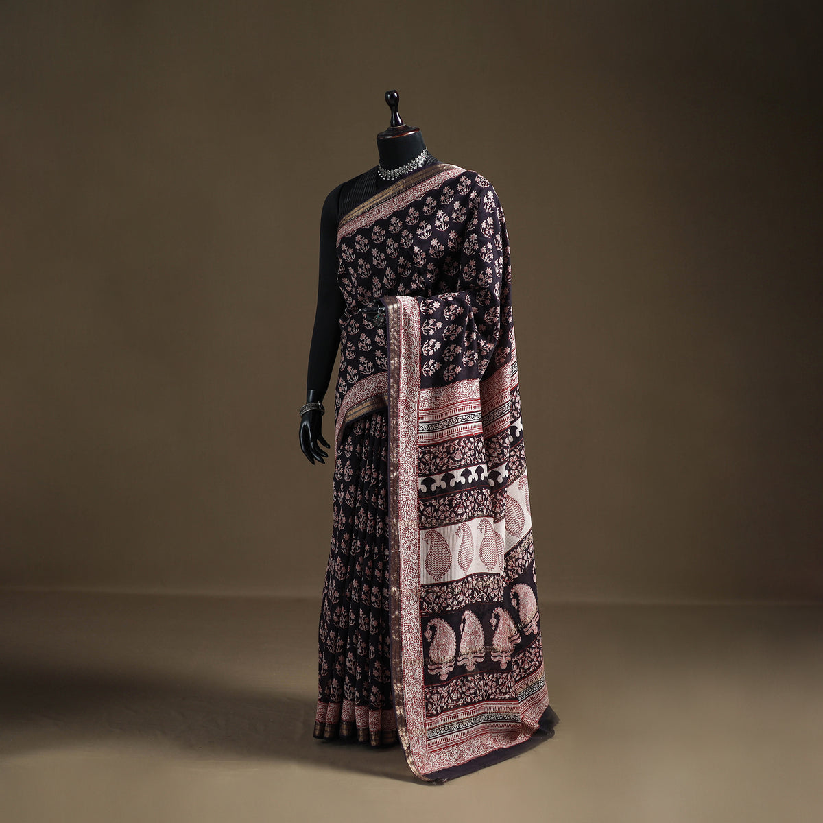 Bagh Hand Block Print Natural Dyed Maheshwari Silk Zari Border Saree 10