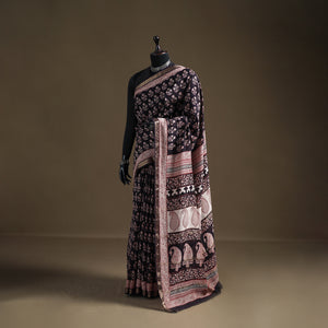 Bagh Hand Block Print Natural Dyed Maheshwari Silk Zari Border Saree 10