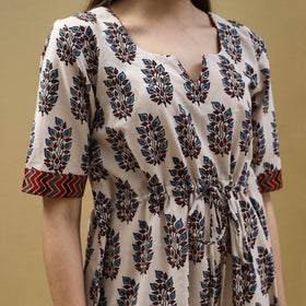 Buy Block Print Cotton Beige Flared Short Ajrakh Dress