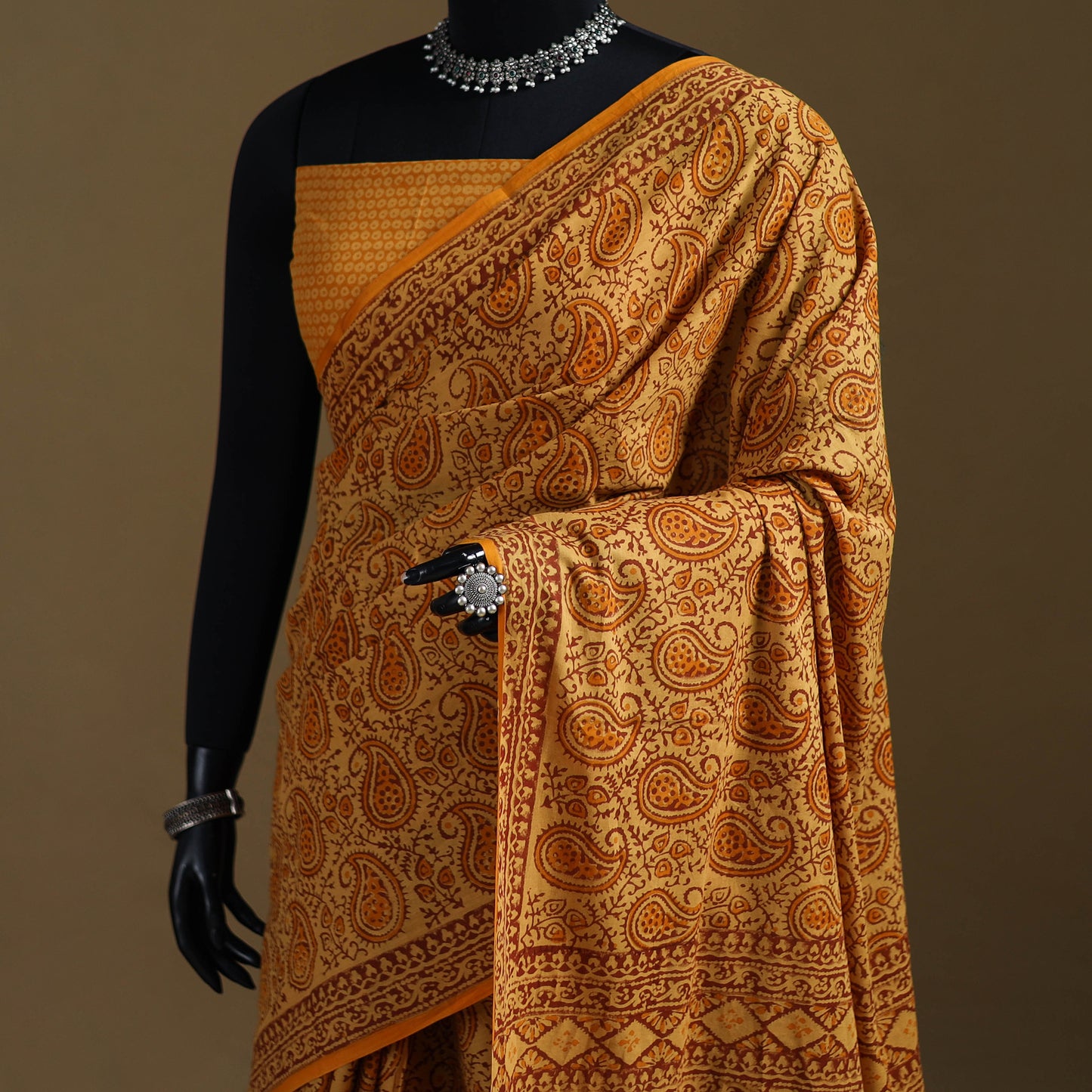 Yellow - Gamthi Hand Block Print Pure Mul Cotton Saree with Blouse Piece 27