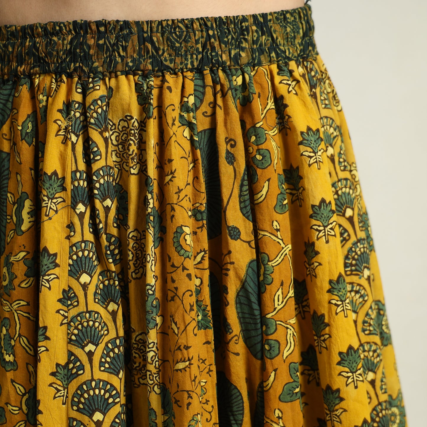 Yellow - Ajrakh Block Printed 24 Kali Patchwork Cotton Long Skirt 01