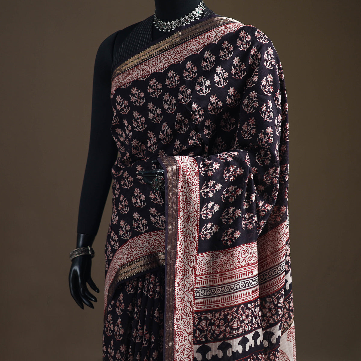 Bagh Hand Block Print Natural Dyed Maheshwari Silk Zari Border Saree 10