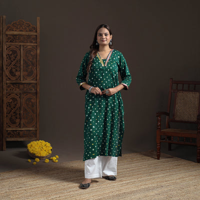 Gota Work Bandhani Tie-Dye Cotton Straight Long Kurta for Women 06