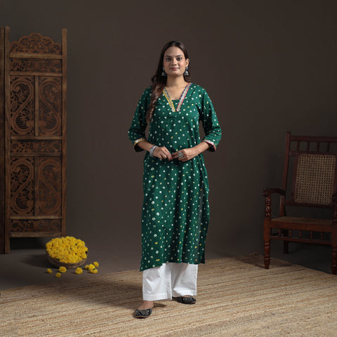 Gota Work Bandhani Tie-Dye Cotton Straight Long Kurta for Women 06