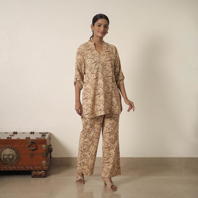 Beige - Block Printed Cotton Kalamkari Co-ord Set 12