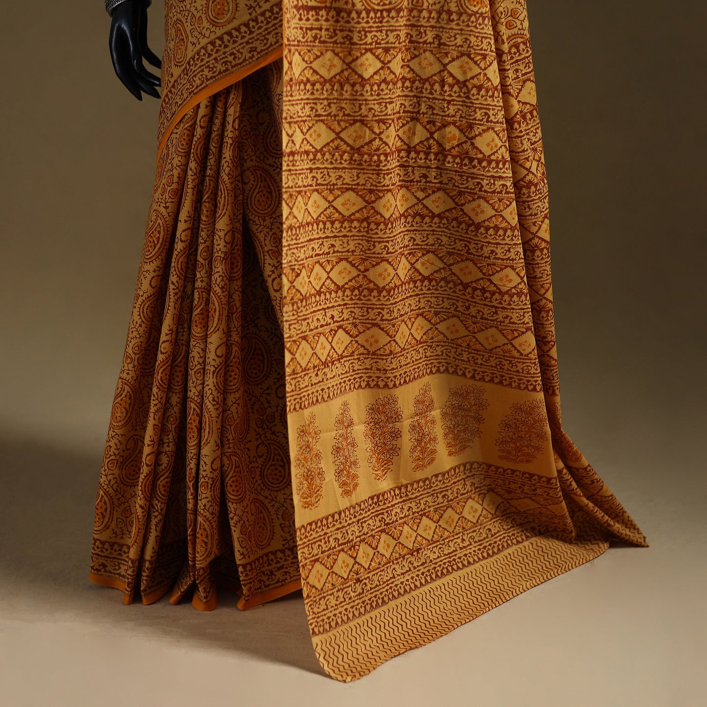 Yellow - Gamthi Hand Block Print Pure Mul Cotton Saree with Blouse Piece 27