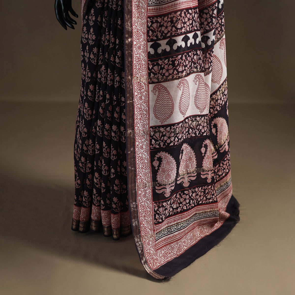 Bagh Hand Block Print Natural Dyed Maheshwari Silk Zari Border Saree 10