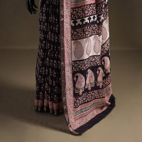 Bagh Hand Block Print Natural Dyed Maheshwari Silk Zari Border Saree 10