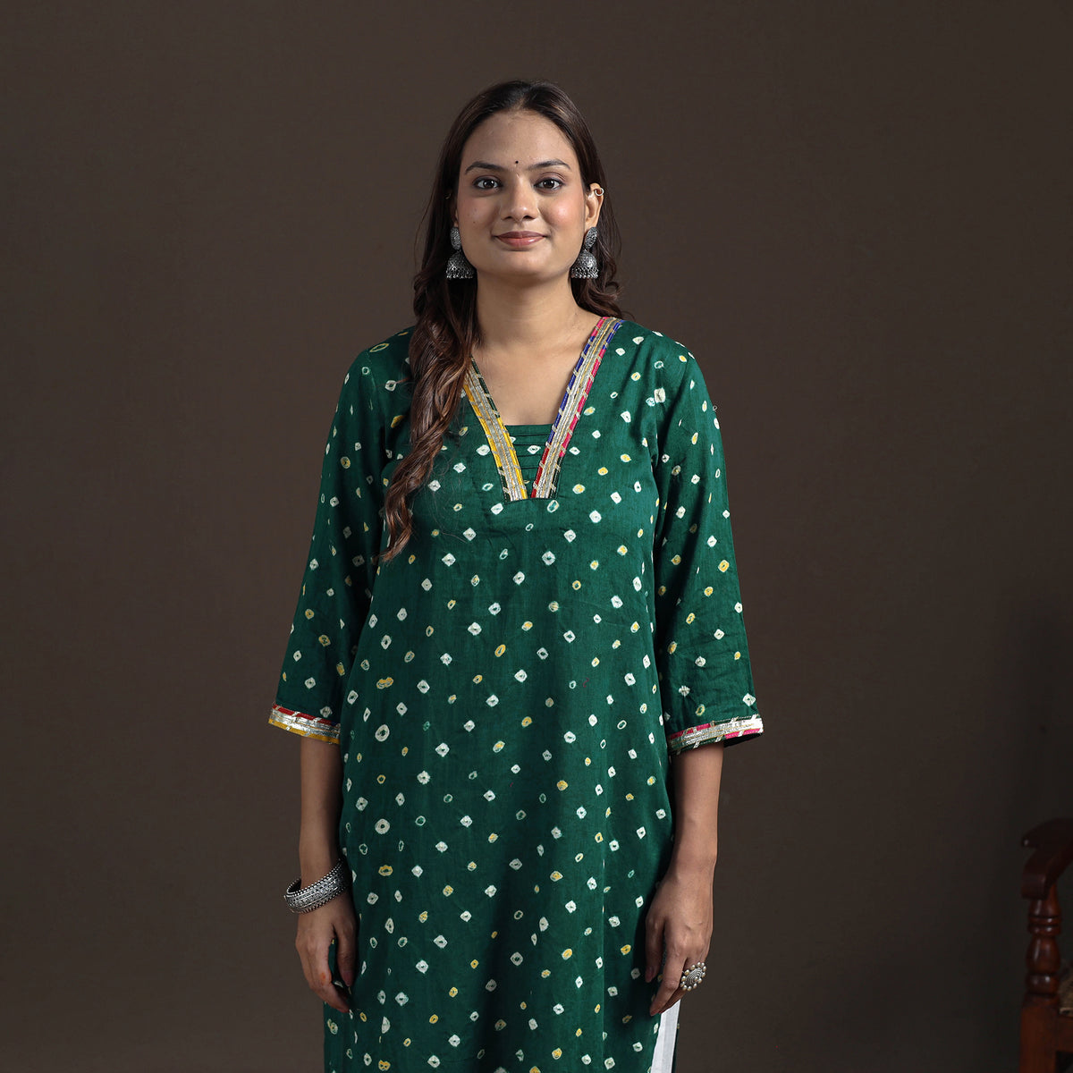 Gota Work Bandhani Tie-Dye Cotton Straight Long Kurta for Women 06