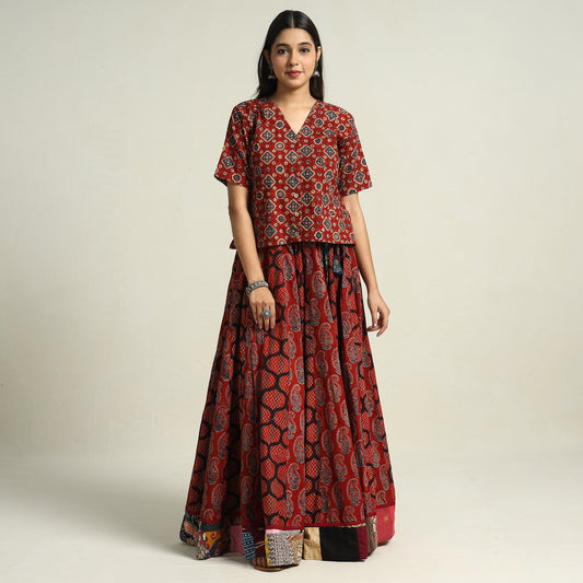 Red - Ajrakh Block Printed 24 Kali Patchwork Cotton Long Skirt 02
