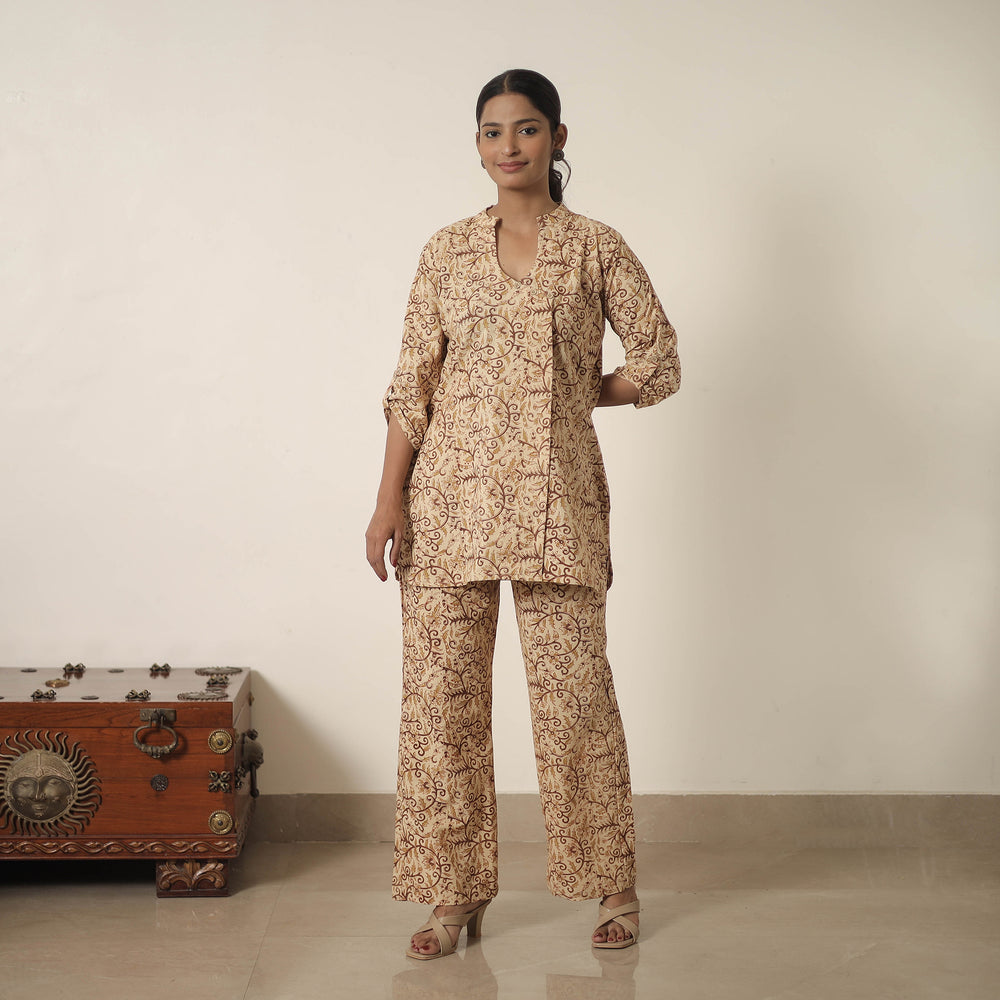 Beige - Block Printed Cotton Kalamkari Co-ord Set 12