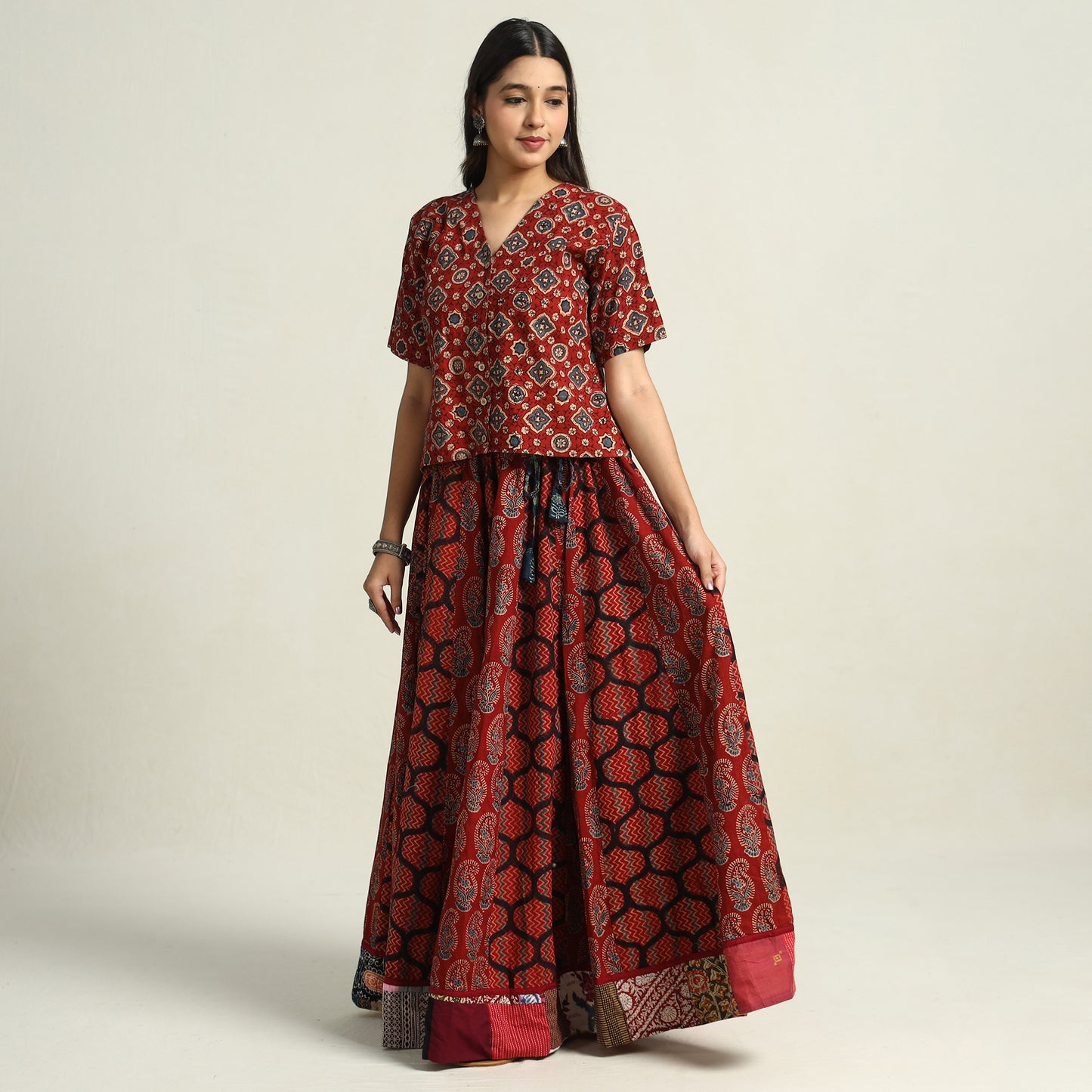 Red - Ajrakh Block Printed 24 Kali Patchwork Cotton Long Skirt 02