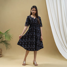 Buy Black Block Print Cotton Flared Short Ajrakh Dress