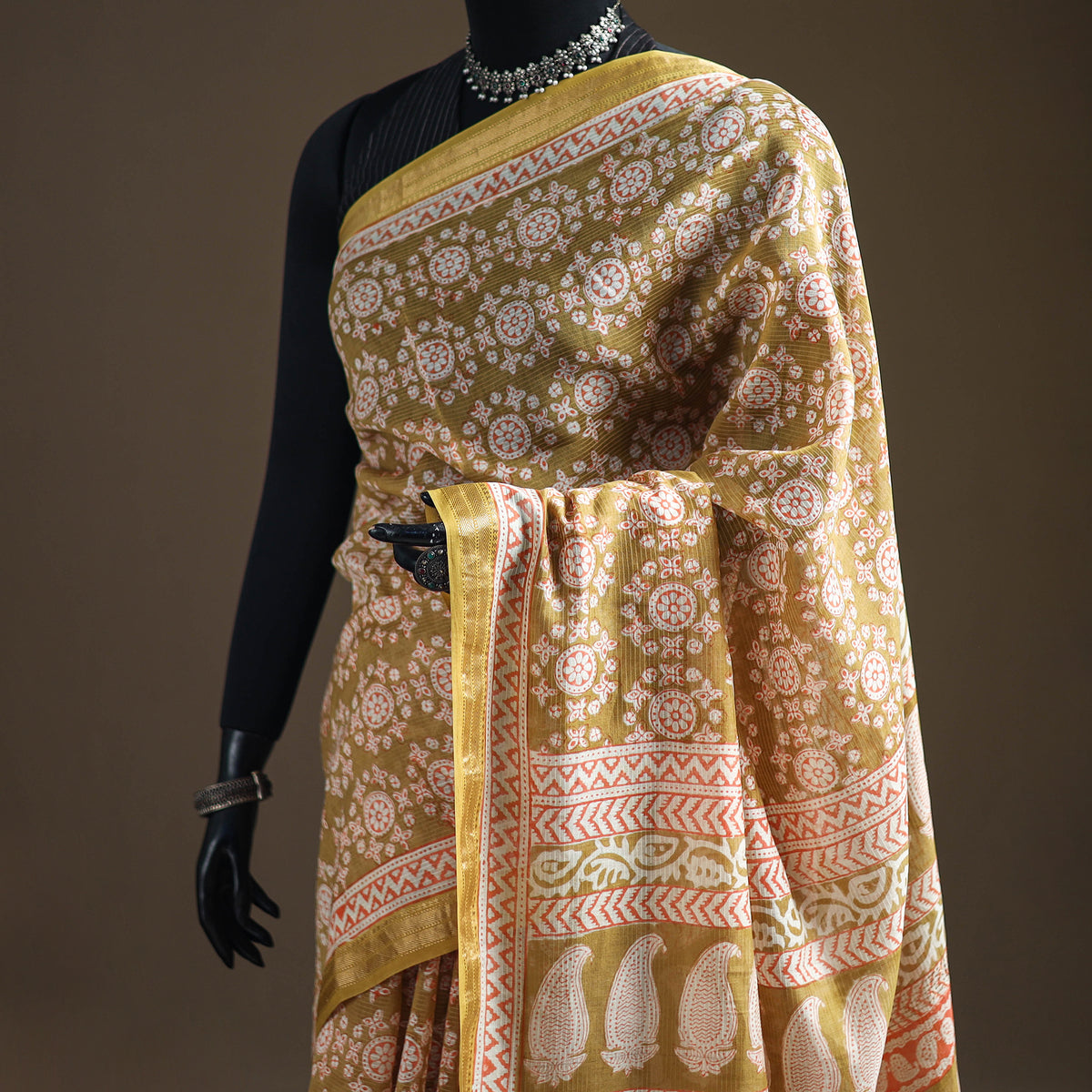 Bagh Hand Block Print Natural Dyed Maheshwari Silk Zari Border Saree 11
