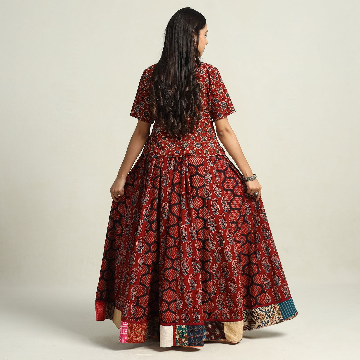 Red - Ajrakh Block Printed 24 Kali Patchwork Cotton Long Skirt 02