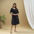 Buy Black Block Print Cotton Flared Short Ajrakh Dress