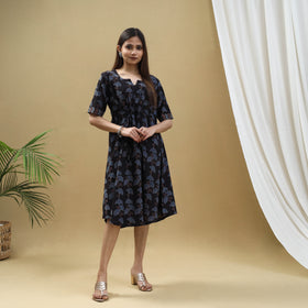 Buy Black Block Print Cotton Flared Short Ajrakh Dress