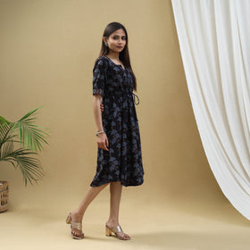 Buy Black Block Print Cotton Flared Short Ajrakh Dress