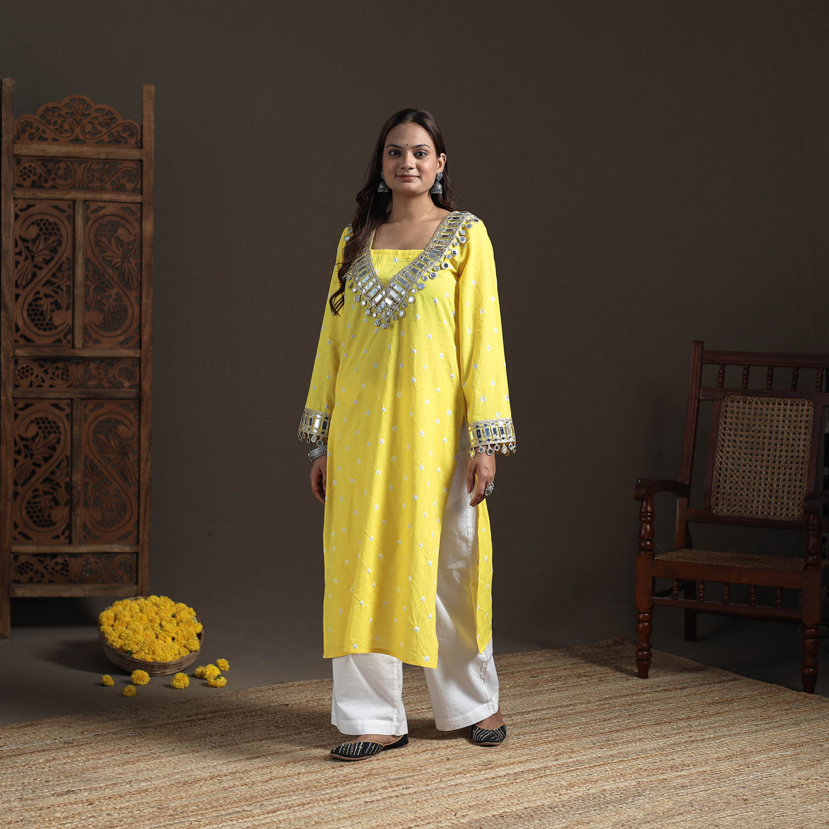 Gota Mirror Work Bandhani Tie-Dye Cotton Straight Long Kurta for Women 10