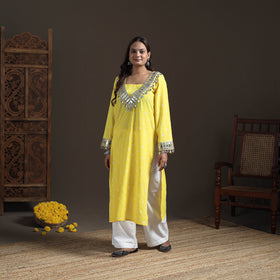 Gota Mirror Work Bandhani Tie-Dye Cotton Straight Long Kurta for Women 10