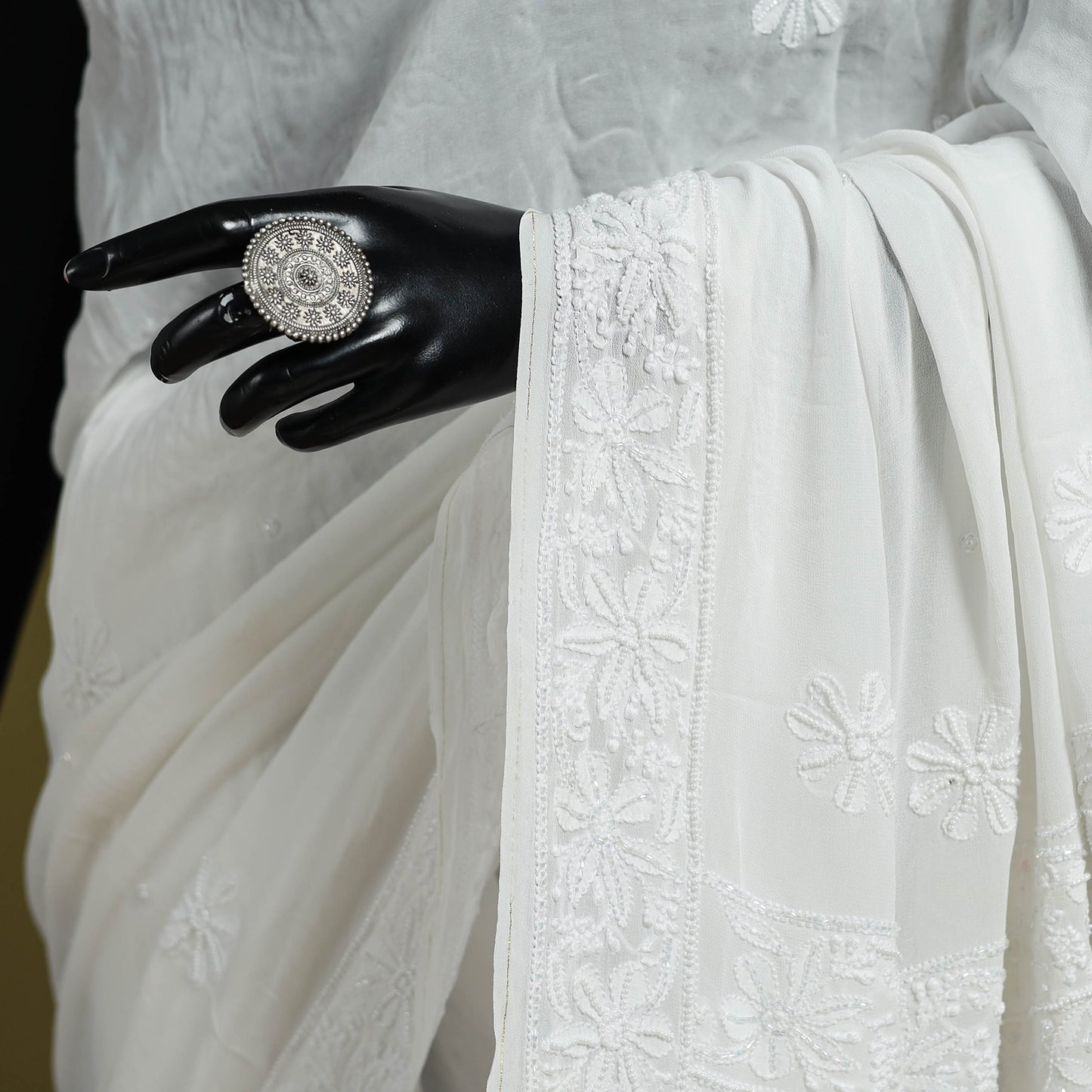 White - mukaish hand embroidered georgette heavy beadwork