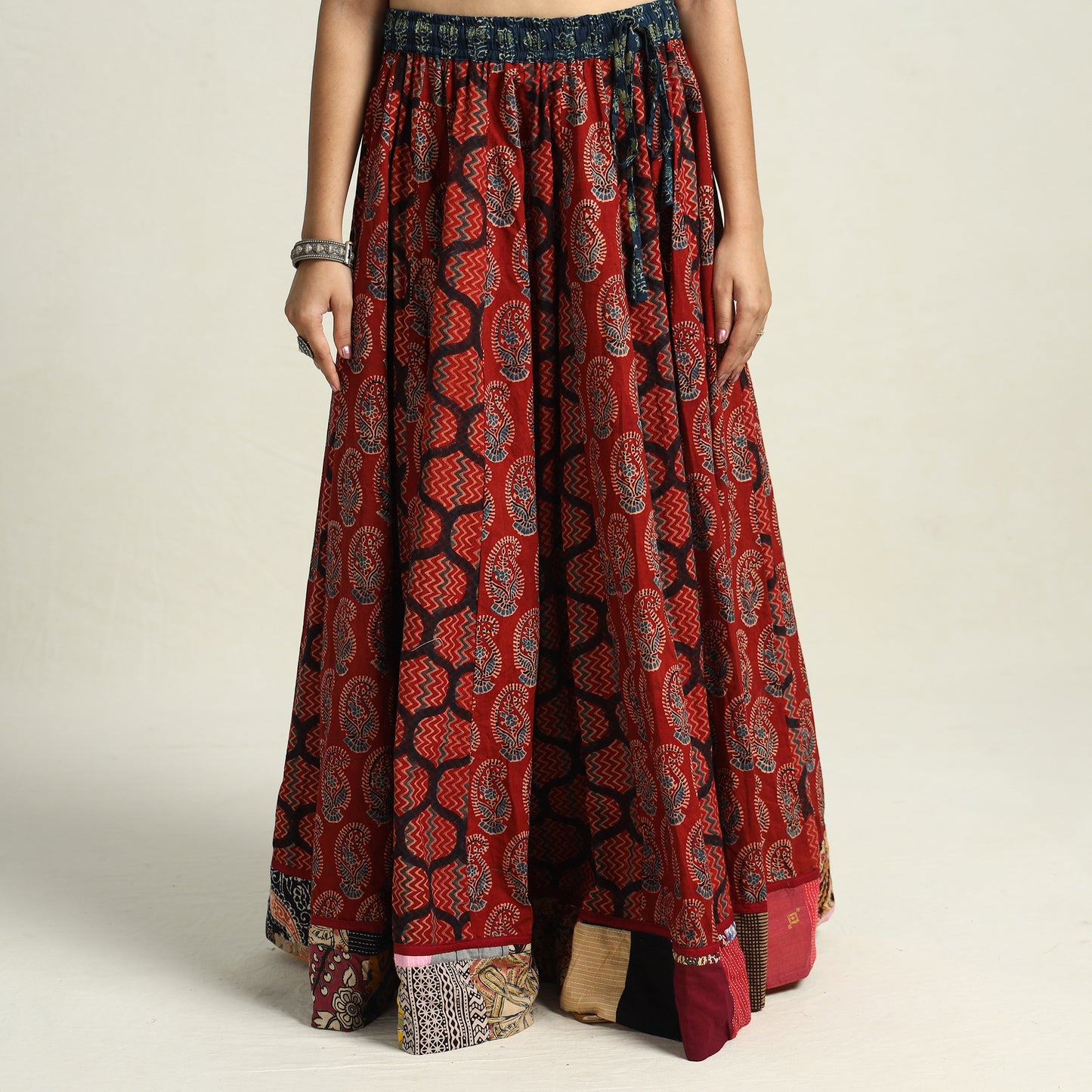 Red - Ajrakh Block Printed 24 Kali Patchwork Cotton Long Skirt 02