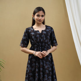 Buy Black Block Print Cotton Flared Short Ajrakh Dress