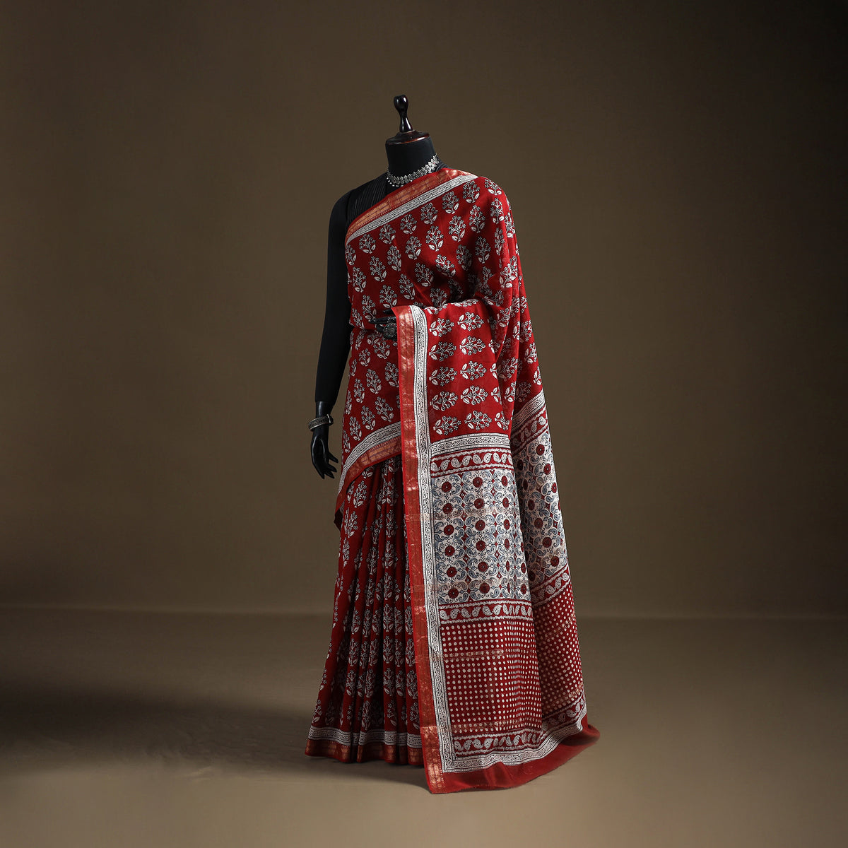 Bagh Hand Block Print Natural Dyed Maheshwari Silk Zari Border Saree 12
