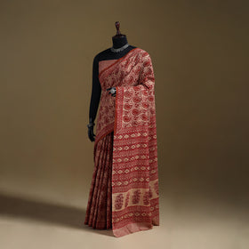 Red - Gamthi Hand Block Print Pure Mul Cotton Saree with Blouse Piece 29