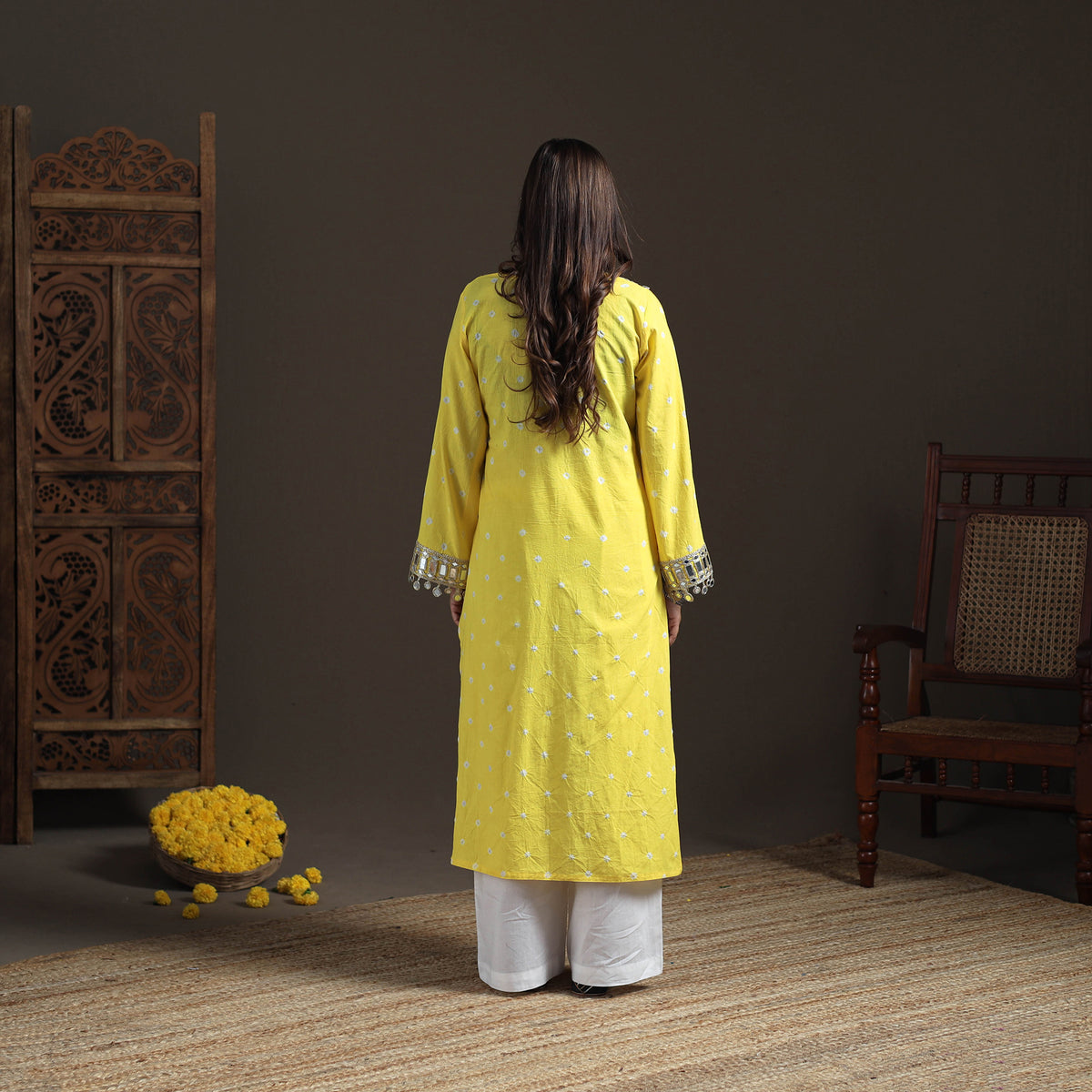 Gota Mirror Work Bandhani Tie-Dye Cotton Straight Long Kurta for Women 10