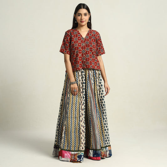 Multicolor - Ajrakh Block Printed 24 Kali Patchwork Cotton Long Skirt 03