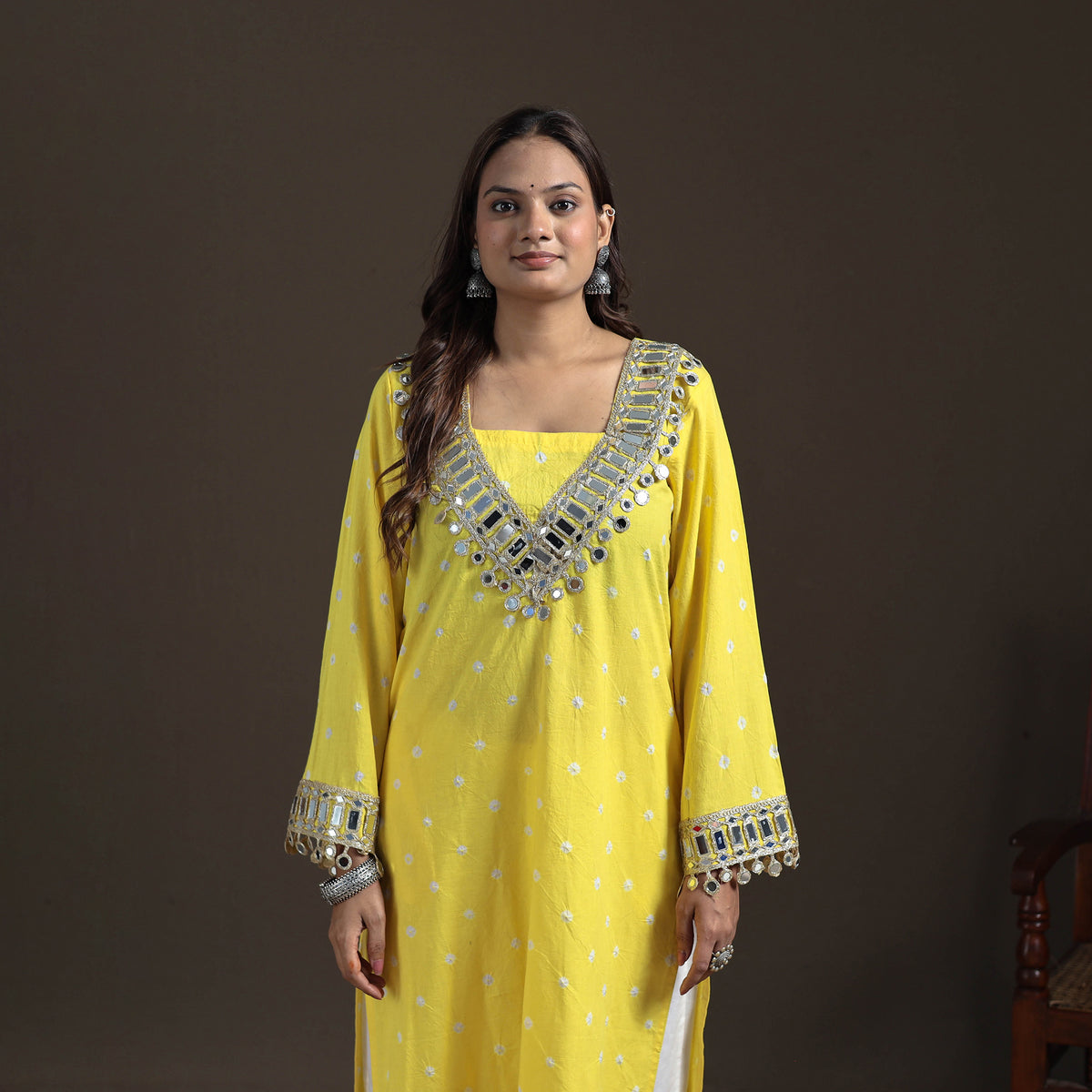 Gota Mirror Work Bandhani Tie-Dye Cotton Straight Long Kurta for Women 10