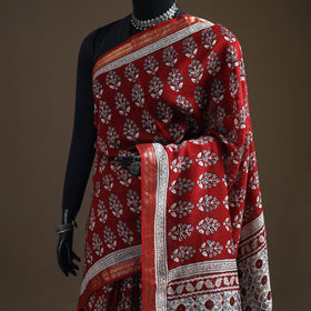 Bagh Hand Block Print Natural Dyed Maheshwari Silk Zari Border Saree 12