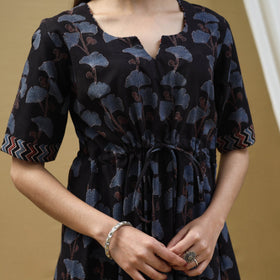 Buy Black Block Print Cotton Flared Short Ajrakh Dress