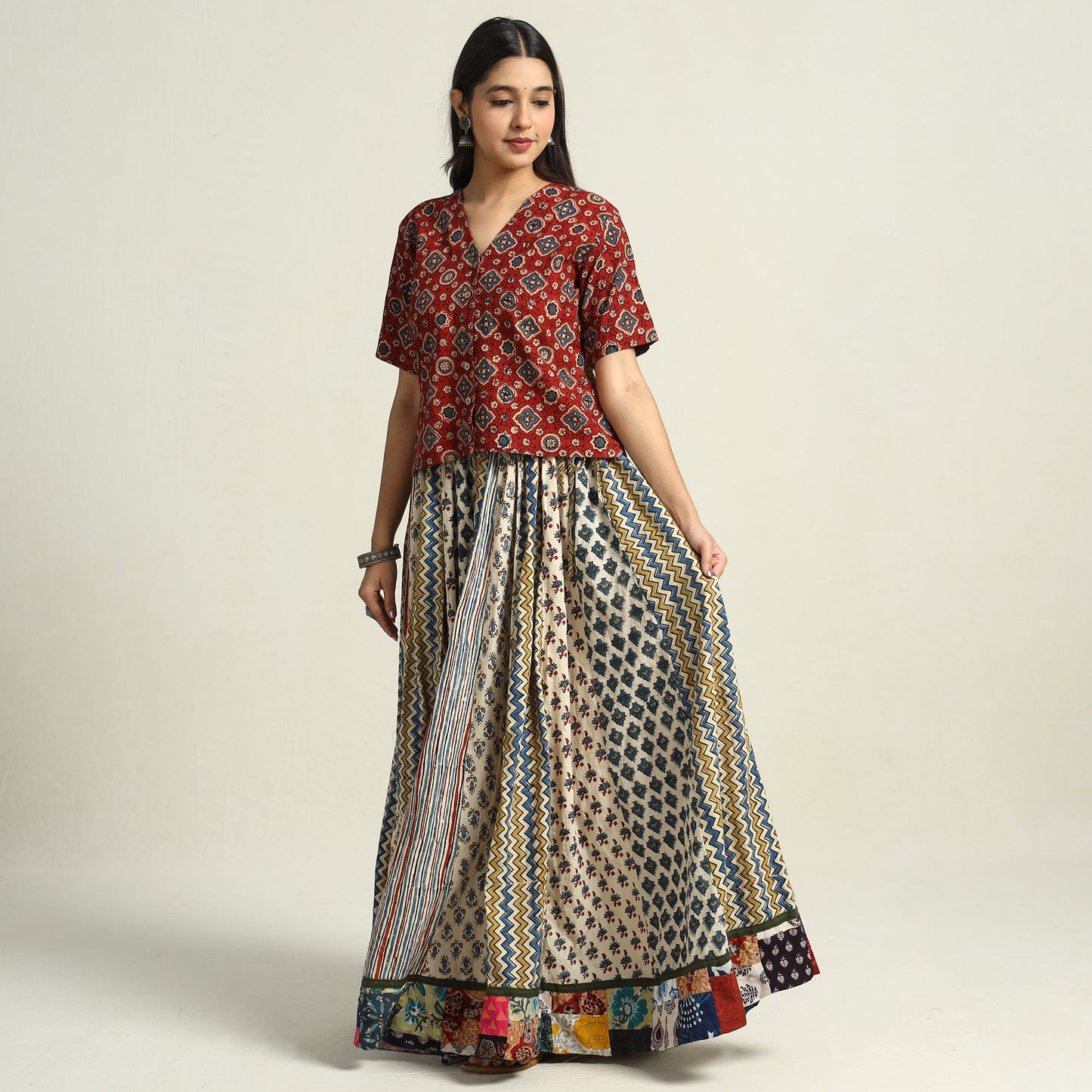 Multicolor - Ajrakh Block Printed 24 Kali Patchwork Cotton Long Skirt 03