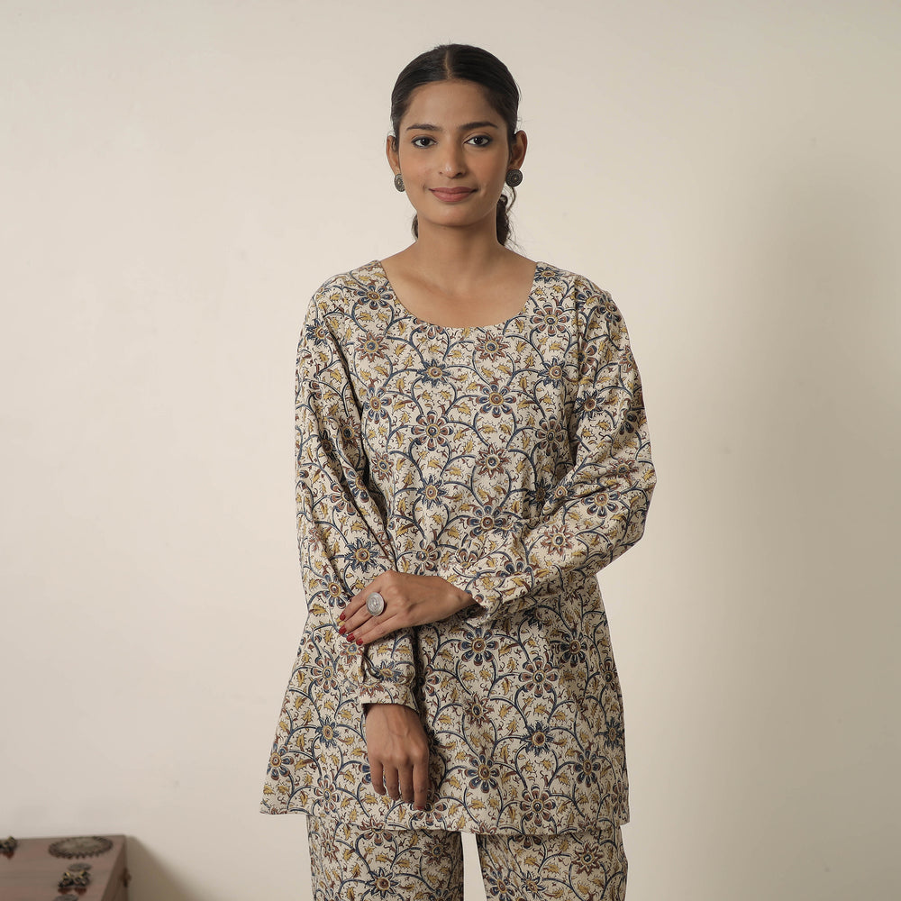 Beige - Block Printed Cotton Kalamkari Co-ord Set 02