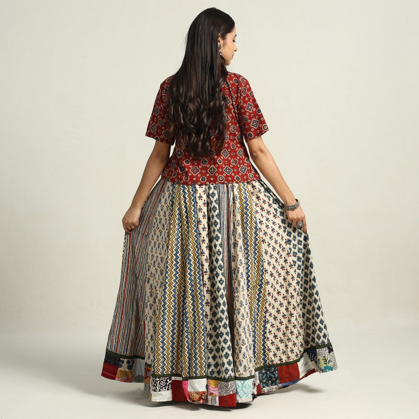 Multicolor - Ajrakh Block Printed 24 Kali Patchwork Cotton Long Skirt 03