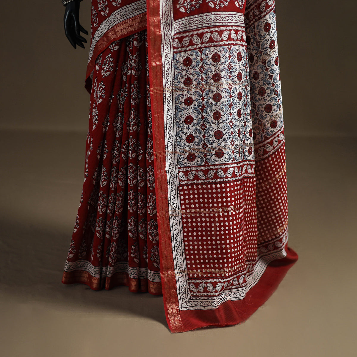 Bagh Hand Block Print Natural Dyed Maheshwari Silk Zari Border Saree 12