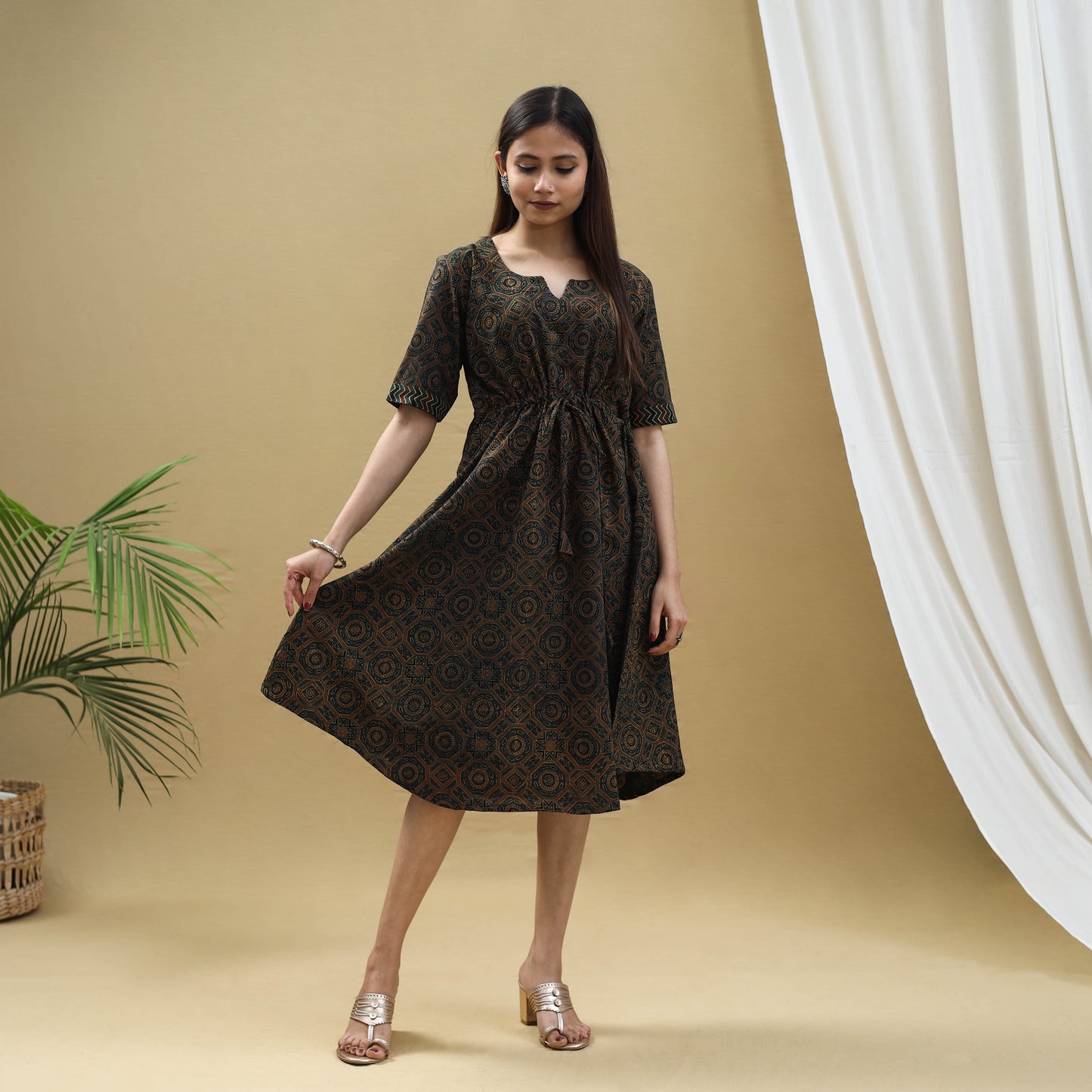 Buy Block Print Cotton Green Flared Short Ajrakh Dress