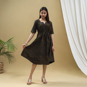 Buy Block Print Cotton Green Flared Short Ajrakh Dress