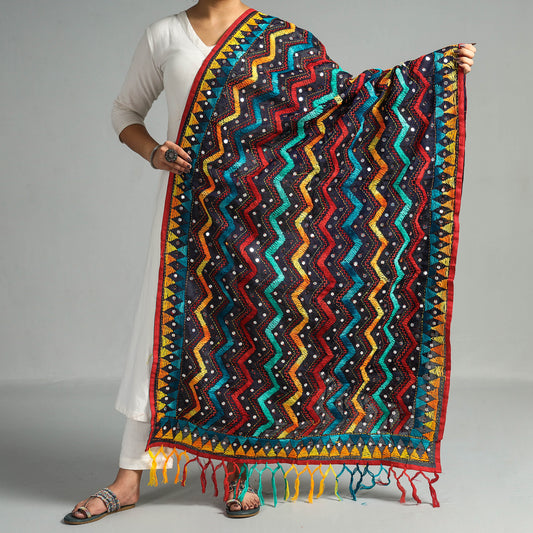 Multicolor - Ranihati Chanderi Silk Chapa Work Zig Zag Phulkari Embroidery Dupatta